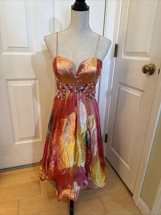 Blush Dresses & Skirts - SUNSET COCKTAIL DRESS Blush Prom Orange Print Beaded Cocktail Dress Size 6